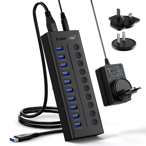 Lemorele 10-Port 24W USB3.0 Powered USB Hub with Individual LED On/Off Switches, USB Splitter Support 5Gbps Data Transfer & 5V 0.9A Charge for Phone, Power Bank, TWS etc.
