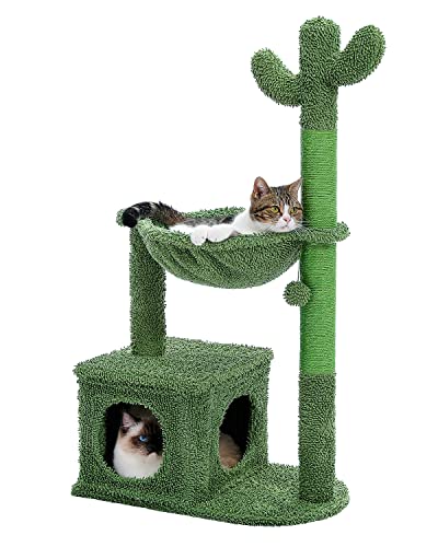 Muttros Cactus Cat Tree 40" Cat Tower With Large Metal Carpet Hammock, Cat Scratching Post For Indoor Cats With Condo& Dangling Ball, Green #TOP2