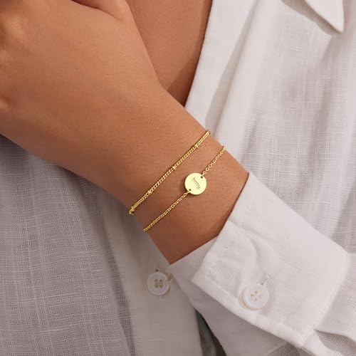 Inerney Personalized Gold Initial Bracelets for Women - Dainty 14K Gold Plated Layered Disc Monogram Charm Bracelet, Customizable A-Z Letter Jewelry Gift for Her3