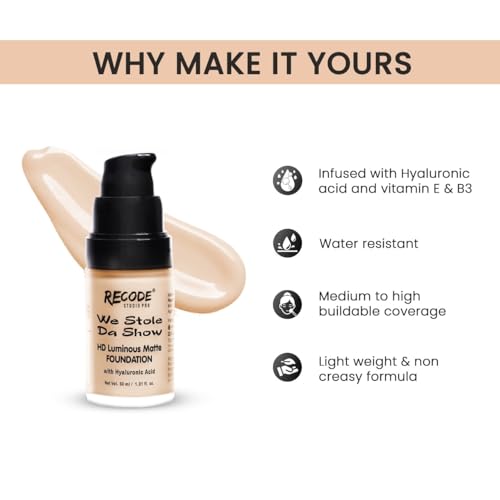 Image of Recode HD Luminous Matte Foundation Shade 02.01 TIANZHU|Water Resistant|Infused With Hyaluronic & Vitamin E & B3|Lightweight|Non Creasy Formula 30 ML