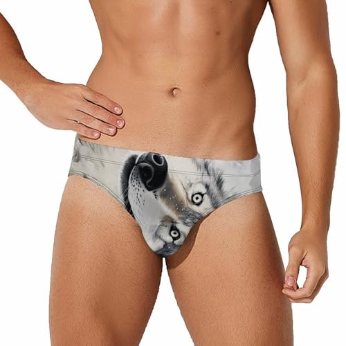 Gray Wolf Lying on Snow Mens Swim Briefs Bikini Sexy Low Rise Trunks Swimsuit Bathing Suit Beach