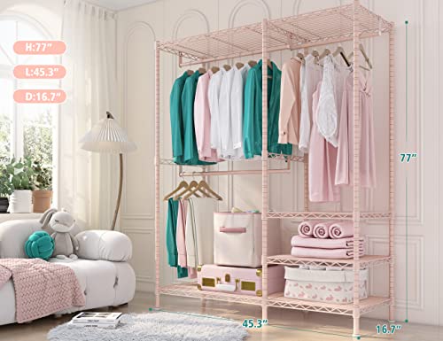 Raybee Heavy Duty Clothes Rack For Hanging Clothes, Metal Clothing Racks For Hanging Clothes, Portable Clothes Rack, 705Lbs Clothes Hanging Racks, Garment Rack With Shelf, Pink, 45.3"W X 16.7"D X 77"H #TOP4