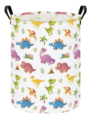 Image of Round Laundry Basket Collapsible Storage Hamper Organizer Cute Dinosaur | Waterproof Canvas Foldable Baskets with sturdy Handles Multi-scene Organizer for Home Play Bedroom Gift Bin