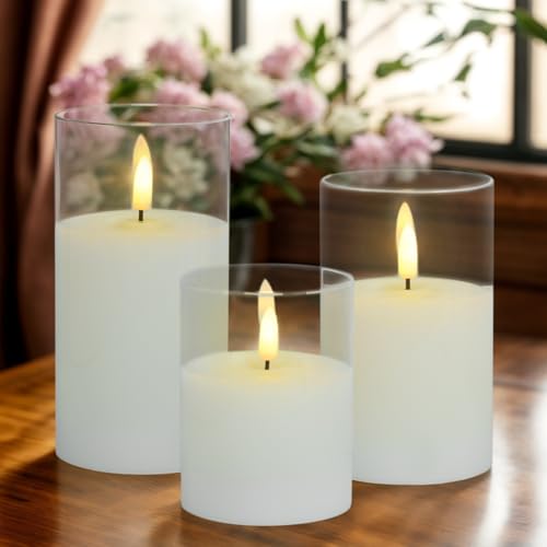Image of Flameless Candles in Glass with Remote | Flashing LED Pillar Real Wax Fake Candle With Timer, Battery Operated For Wedding Home Decorations - 3Pack