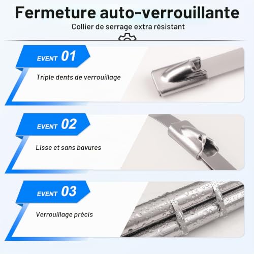 Serflex Inox Collier De Serrage 30 Pièces 300×7.9mm,Serre,Câbles Inoxydable Avec Attache Câblées Acier, Pour Échappement,Câbles Groupés，Clôtures Deecam Serre Cable Acier,Bande Thermique Echappement – vue 5