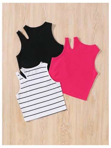 Girl's 3 Packs Ribbed Tank Tops Striped Cut Out Crew Neck Summer Sleeveless Top2
