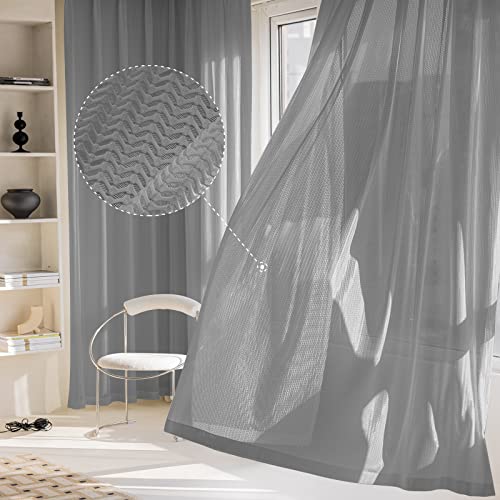 Jsfly Jacquard 2 Panels Set Sheer Curtains 84 Inch Length, Semi Sheer Grommet Solid Casual Soft Voile Drapes With Light Filter Window Treatments For Bedroom Living Room, Dark Gray, 52" W X 84" L #TOP5