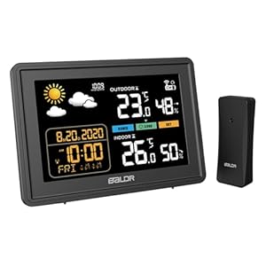 LEVIPE Draadloos weerstation, thermometer, hygrometer en barometer voor binnen en buiten met sensor, led, RCC/DCF, display met achtergrondverlichting, digitale wekker, zwart