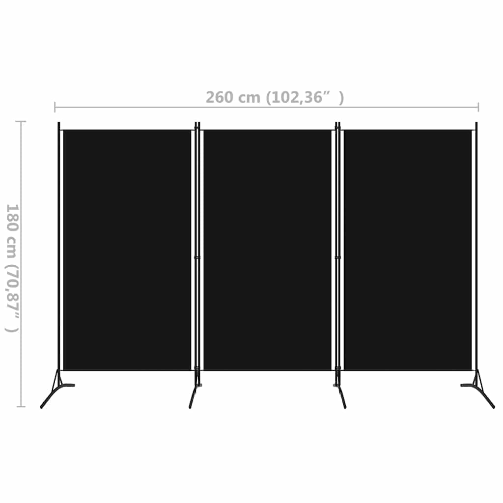 Paravent pliable 3 pièces Noir 260 x 180 cm