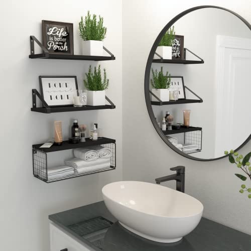 Dollfio Floating Shelves For Bathroom With Basket, Wooden Wall Shelves, Floating Shelves For Wall Décor, Wall Mounted Floating Shelf For Bathroom, Floating Shelf For Wall, Bedroom, Living Room–Black #TOP6
