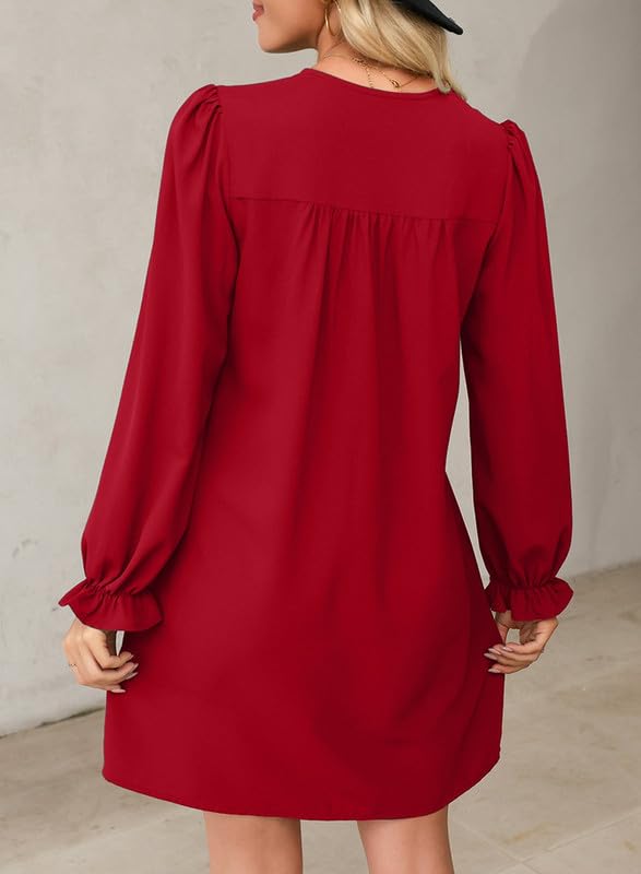 Image of Dokotoo Womens Casual Dress A-Line Ruffle Sleeve V Neck Midi Dress 2025 Fashion Pleated Flowy Sundress Loose Shirt Dresses