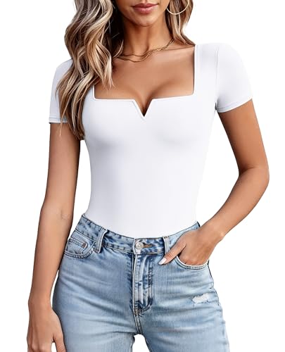 Avidlove White Bodysuit for Women Short Sleeve Square Neck Body Suits Sexy V Neck One Piece T Shirt Going Out Tops Date Outfits