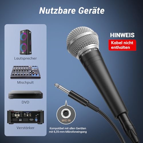 TONOR Dynamisches Gesangsmikrofon mit integriertem Poppfilter, XLR Mikrofon Handheld Microphone mit Rauschunterdrückung, 6,35 mm XLR-Ausgang für Gesang Bühne Aufnahme Karaoke Maschine, D58 Schwarz