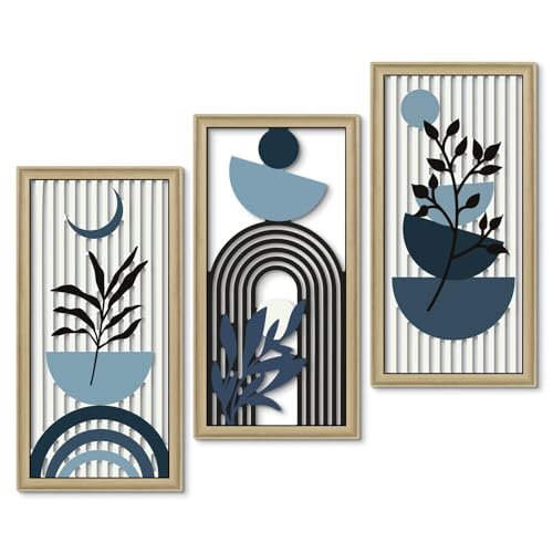 Putuo Decor Boho Abstract Wall Art, Set of 3, Modern Botanical Wooden Wall Decor, Blue Mid-Century Minimalist Framed Artwork for Living Room Bedroom, Office