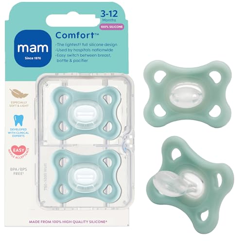 Image of MAM Comfort Baby Pacifiers 3-12 Months Babies, Lightweight One-Piece Full Silicone Binky, BPA-Free Nipple, Easy to Clean Pacifier, Best for Breastfed Babies, 2 Count, Sterilizer Case, Made in Europe
