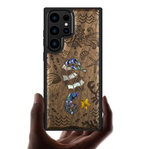 Coque Samsung S23 Ultra en bois de noyer sculpté main motif monde sous-marin haut de gamme