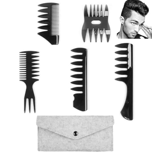 Voarge Set di 5 pettini con custodia, pettine, da uomo, stile retrò, a denti larghi, pettine per capelli, da uomo, per la cura dei capelli, regalo per la festa del papà, nero