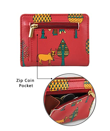 Image of Funk For Hire Vegan Leather Slim Minimalist Wallet with 6 Card Slots, Zippered Coin Pouch & Cash Compartment - Printed Bifold Card Holder for Men & Women (Red)