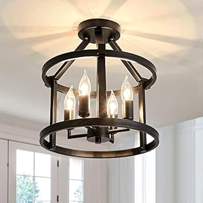 UOFUS Metal Semi Flush Mount Ceiling Light Fixture 4 Candle Holder Matte Chandelier Farmhouse Ceiling Lamp for Dining Room Bedroom Kitchen Hallway Entryway?Black?