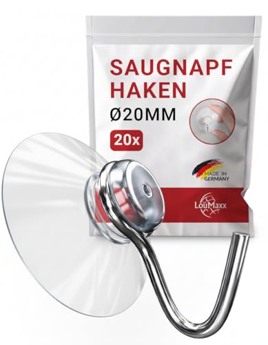 LouMaxx Saugnapf Haken Ø 20 mm - 20er Set transparente Saugnäpfe für Fenster, Bad und Küche - zuverlässiger Halt auf Glas und glatten Oberflächen