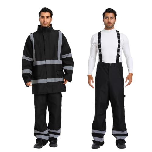 Image of 3-Piece Hi-Vis Rain Suit, Safety Jacket with Hood & Bib Overalls