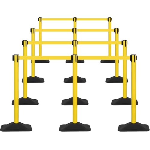 12 Pack Stanchions with Retractable Belts - Crowd Control Barriers with Weighted Rectangle Rubber Base, 10FT Retractable Belt Stanchions for Queue Line, Events, Public Safety(Yellow，12 Pack）
