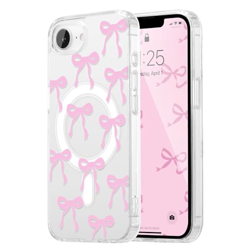 UEEBAI Magnetic for iPhone 17e/iPhone16e Case Bow Case Compatible with MagSafe Wireless Slim Clear Ribbon Aesthetic Phone Cover Anti-Yellowing Shockproof Protective Cover for Women Girl - Pink