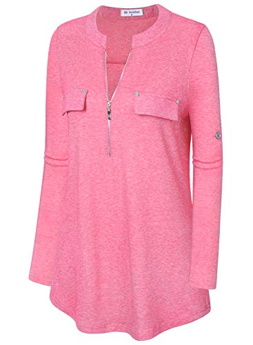 Bulotus 3/4 Sleeve Tunics For Women Casual Tops Zip Front V Neck (Medium, Peach) #TOP2