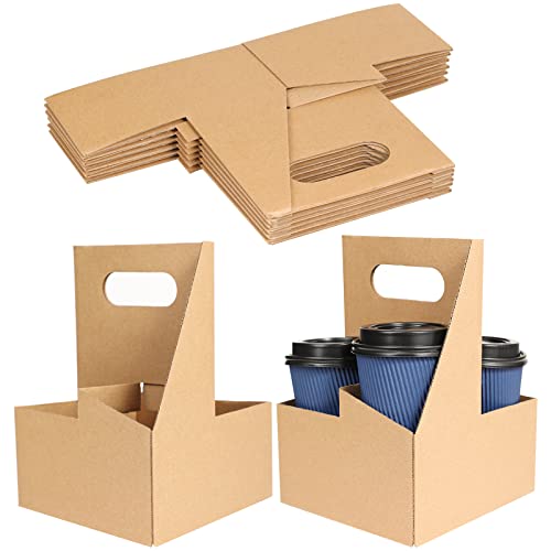Webake Coffee Drinks Cup Carrier with Handle 8 Pcs Portable Kraft Paper Packaging Bags Hold 4 Cups for Food Delivery Take Out Cup Holder Bar Restaurant Coffee Shop Supplies, Fit For Most Beverage Cups