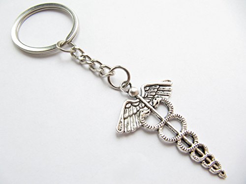 Ancient Silver Caduceus Keychain, Medical Caduceus Keychain, Medical Keychain,Medical Symbol, Medical Caduceus #TOP2