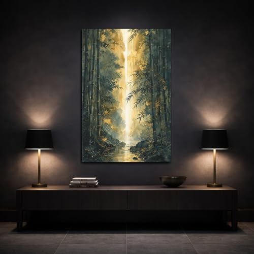 Tableau bambou vert et or nature 50x75 cm grand format vertical
