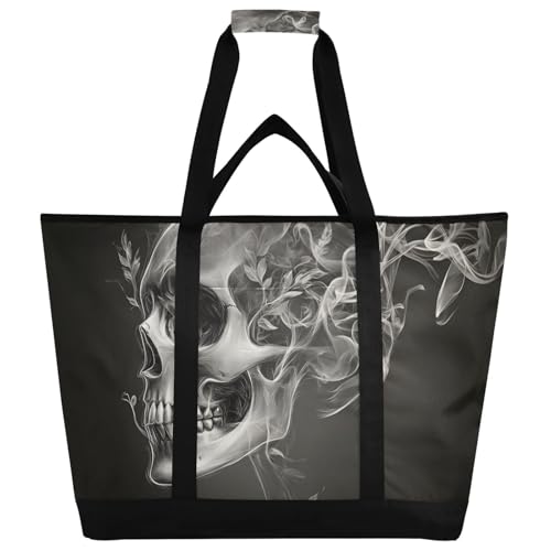Skull Abstract Black Large Insulated Reusable Tote Bag for Grocery Shopping for Women Men, Cooler Bag with Zippered Top & Handles for Travel Beach Picnic