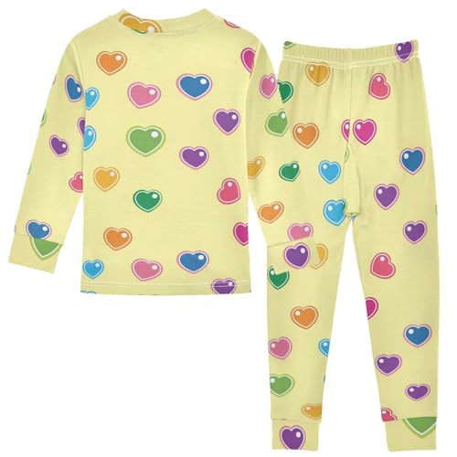 Pajama Sets Long Sleeve Colorful Hearts Yellow Background Soft Comfy Sleepwear 2 Piece PJS 3-8T3