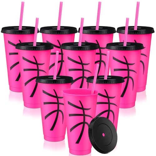 Domensi 12 Pcs Pink Basketball Sport Ball Plastic Tumbler with Lid Straw