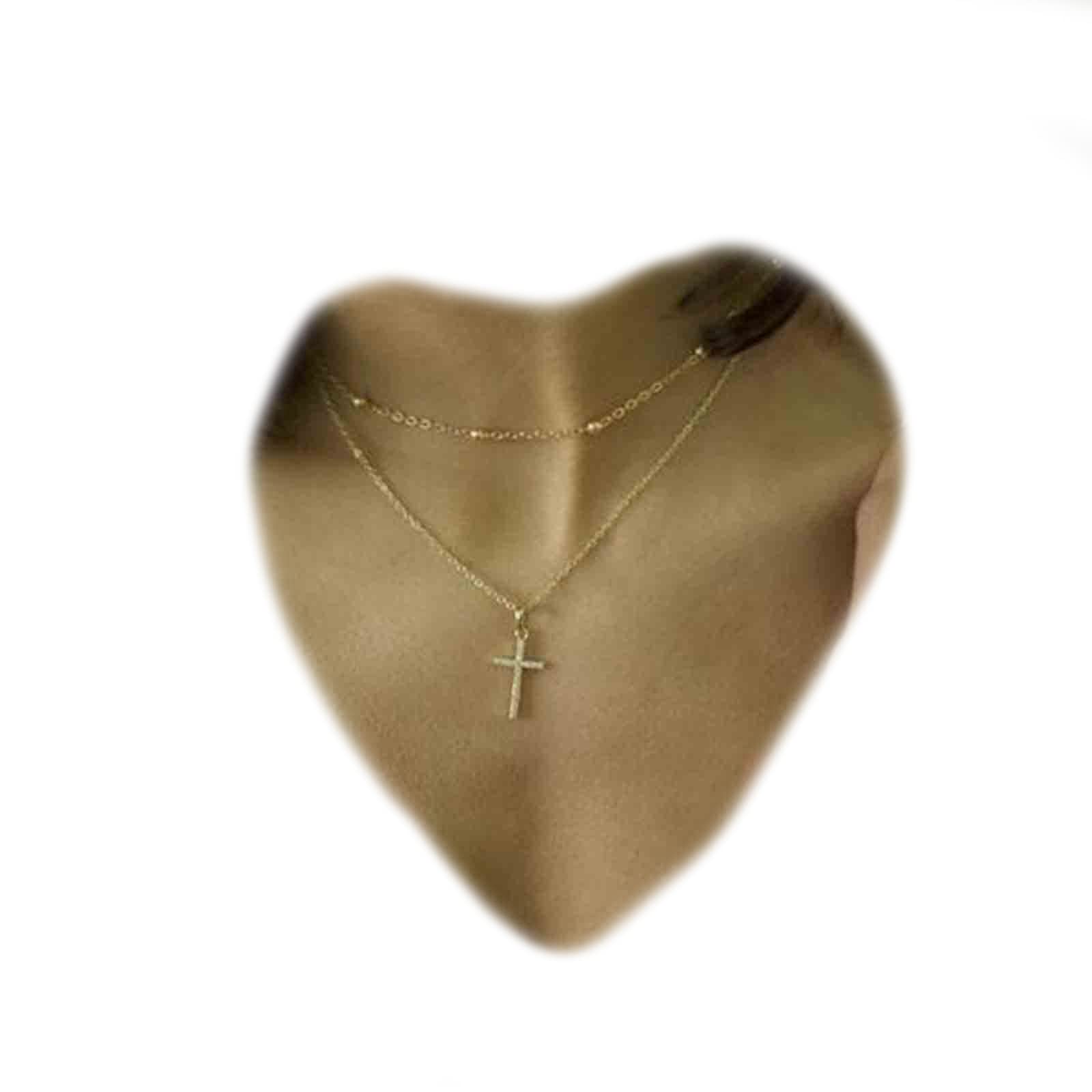 Yheakne Boho - Gargantilla con forma de cruz en capas, collar con colgante de cruz dorada, collar de cadena satélite con forma de bola, collar vintage de doble capa, mujeres y niñas, regalo (oro)