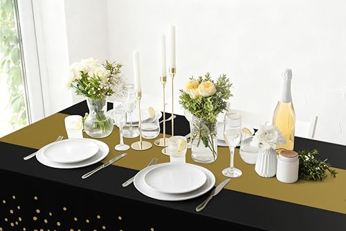Image of Smiry Plastic Table Cloth Disposable 10 Pack, 54 x 108 Inch Rectangle Waterproof Tablecloth, Printed Gold Table Runner Style for Birthday Weeding, Party Decorations, Leakproof & Sturdy, Black and Gold