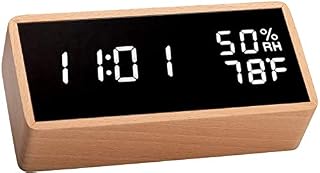 Wood Digital Alarm Clock for Bedrooms, Real Wood,Time Temperature Humidity, 3 Sets of