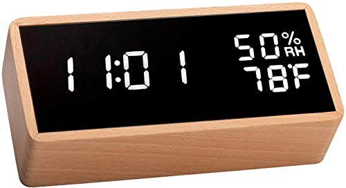 Wood Digital Alarm Clock for Bedrooms, Real Wood,Time Temperature Humidity, 3 Sets of