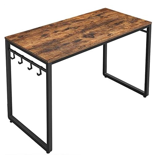 VASAGLE Computer Writing Desk, 47 Inch Office Study Table, Work from Home, with 8 Hooks, Metal Frame, Industrial, 47.2", Rustic Brown