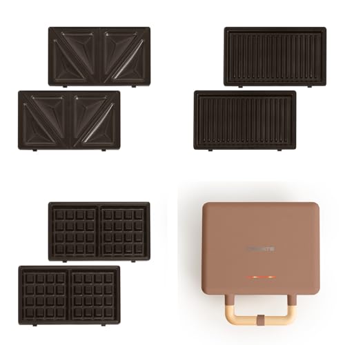 CREATE/STONE STUDIO/Sandwichera-Grill y gofrera doble verde moca / 3 placas intercambiables: Grill, Gofre y Sandwich, antiadherente, apertura 100º, 2 rebanadas, autoapagado, retro, 800W