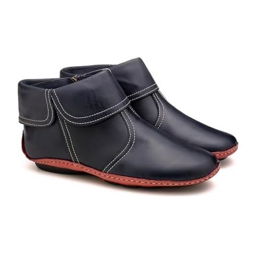 Bota Feminina Cano Curto Ankle Boot em Couro Legítimo – Conforto Premium & Artesanal | Palmilha Anatômica de Gel | Solado Antiderrapante | Com Ajuste de Zíper na Lateral (MARINHO E VERMELHO, BR, Adulto, Numérico, 37)
