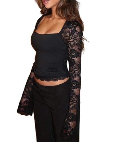 Damen-T-Shirt mit Spitzenbesatz und quadratischem Ausschnitt, Y2K, lange Glockenärmel, schmal geschnitten, Basic-Crop-Top-Bluse, Fee-Ästhetik, T-Shirts, Streetwear, B-schwarz, S
