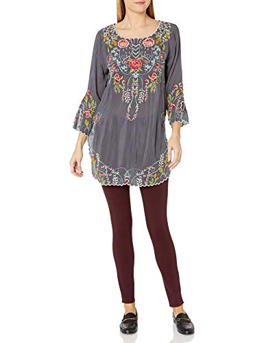 Johnny Was Women's 3/4 Sleeve Contrast Embroidered Tunic, Graphite, XXL