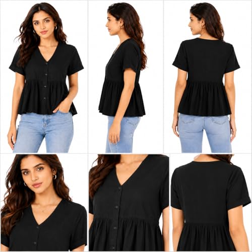 Image of Women's Black Button-Front Peplum Top - Short Sleeve V-Neck Casual Blouse, Lightweight Rayon Cotton, Everyday Wear, Summer & Work Outfit