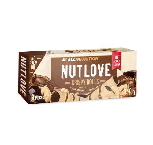 ALLNUTRITION Knusprige Waffelröllchen mit Füllung Ohne Zuckerzusatz - Snack für Heißhunger Kalorienarm Gesüßt mit Maltit - Haselnuss Kakao 1 Packung x 140 g Cover
