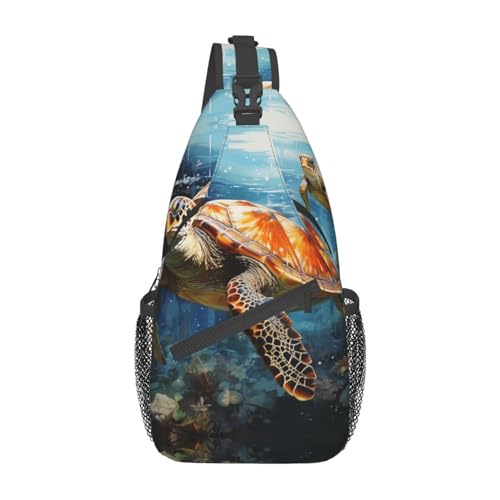 OUSIKA Turtle Swimming In The Sea Sling Bag Lightweight Chest Bag Crossbody Bag Shoulder Bag Sports Backpack For Women Men, Black, One Size