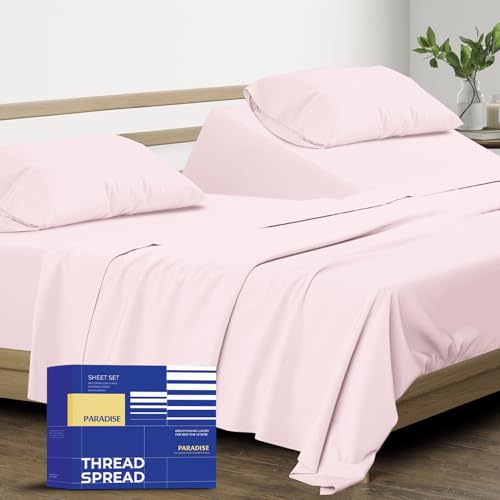 Image of THREAD SPREAD Split King Sheet Set, Luxury 1000 Series Paradise Collection 100% Egyptian Cotton Split King Sheets Sets for Adjustable Bed (5 PC, Blush), Soft, 16 inch Deep Pocket Hotel Sheets