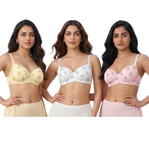 Image of Women's Pure Cotton Blend Lightly Padded Bra (Pack of 3) | Full Coverage Wirefree T-Shirt Bra | Soft Breathable Everyday Bra | Adjustable Straps | Comfortable Multicolor Bra