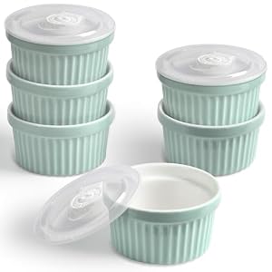 homEdge Porcelain Ramekins Set with Lid, 240 ml / 8 Fl Ounces Ice Cream Bowl, Creme Brûlée Ramekins Soufflé Cup for Baking, Set of 6 Mint Green