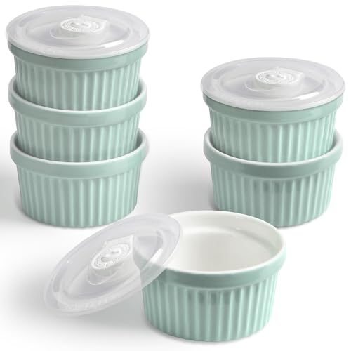 homEdge Porcelain Ramekins Set with Lid, 240 ml / 8 Fl Ounces Ice Cream Bowl, Creme Brûlée Ramekins Soufflé Cup for Baking, Set of 6 Mint Green by homEdge - Used condition - US$18.99